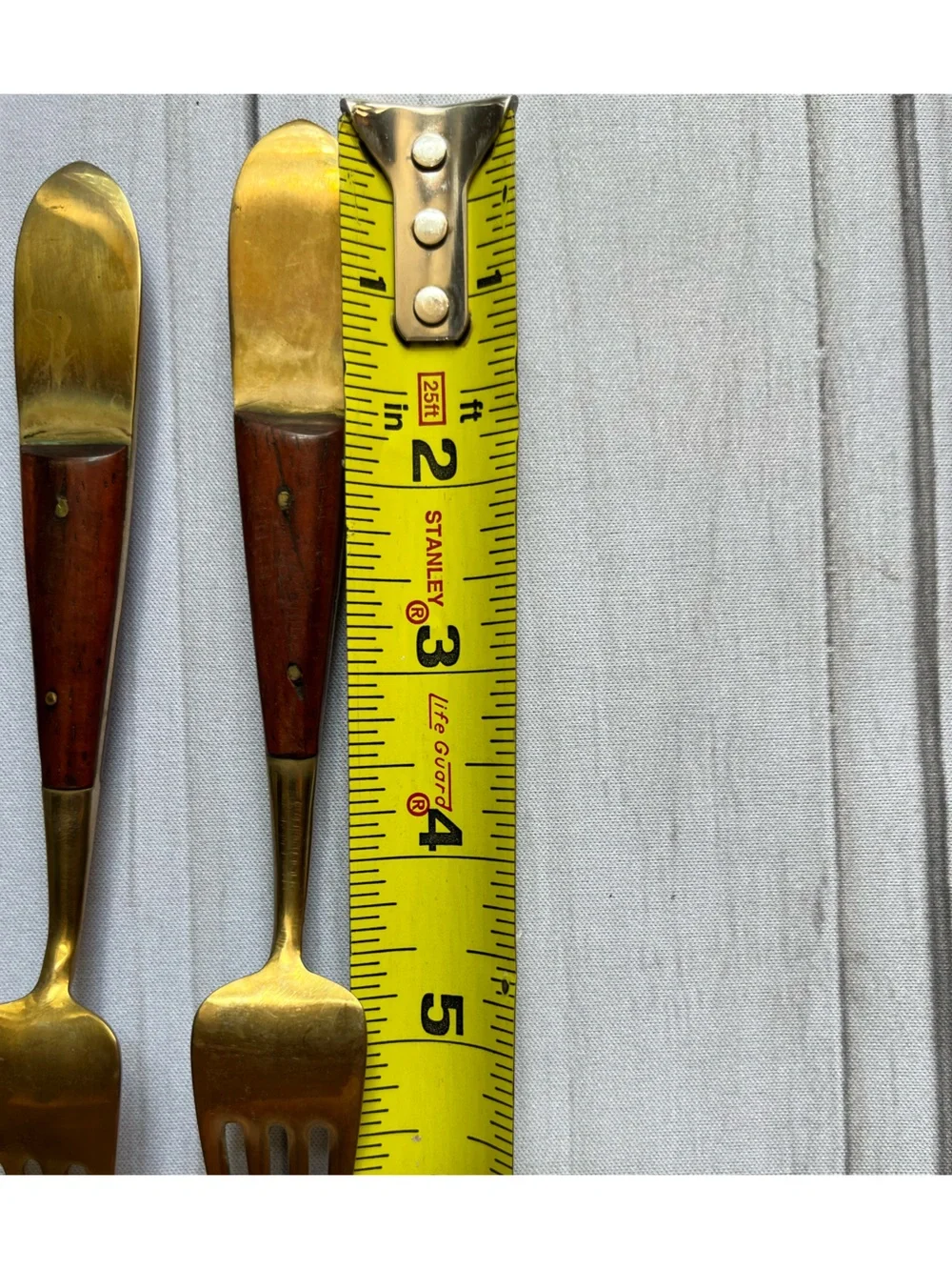 Vintage Siamese/Thai brass & rosewood cocktail appetizer salad dessert fork. 4pc